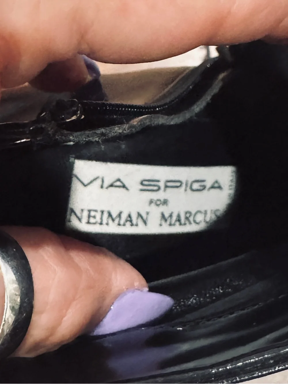 Via Spiga for Neiman Marcus Black Patent Square Toe Ankle Boot